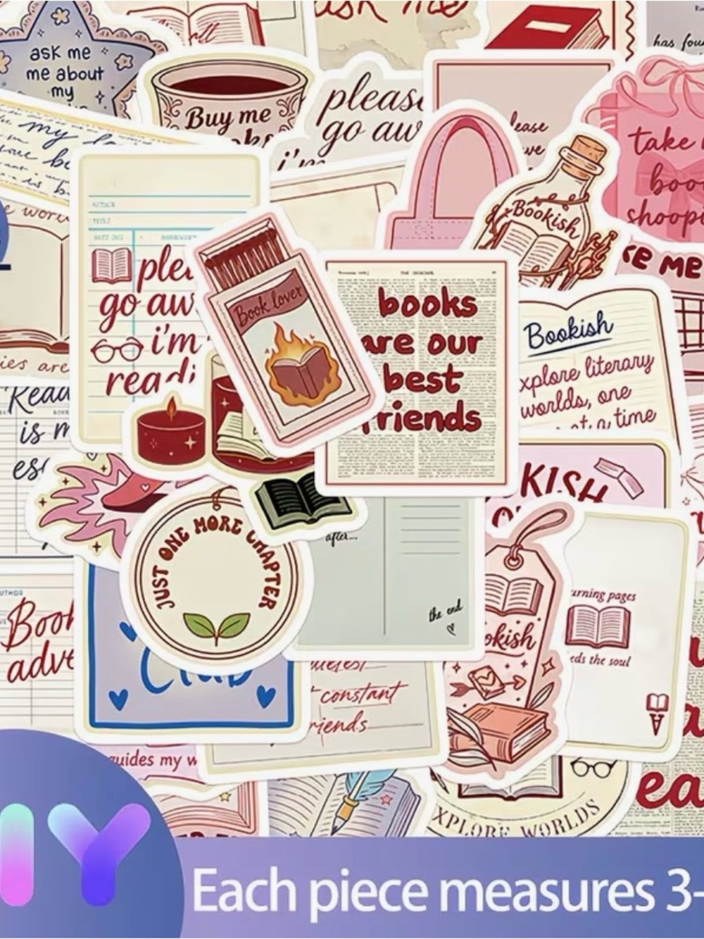 50 Bookish Sticker Pack - Cozy Reading Aesthetic (Pink, Cream, Red) - Picture 2 of 9
